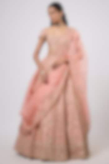 Peach Raw Silk Zardosi Embroidered Bridal Lehenga Set by Shlok Design at Pernia's Pop Up Shop