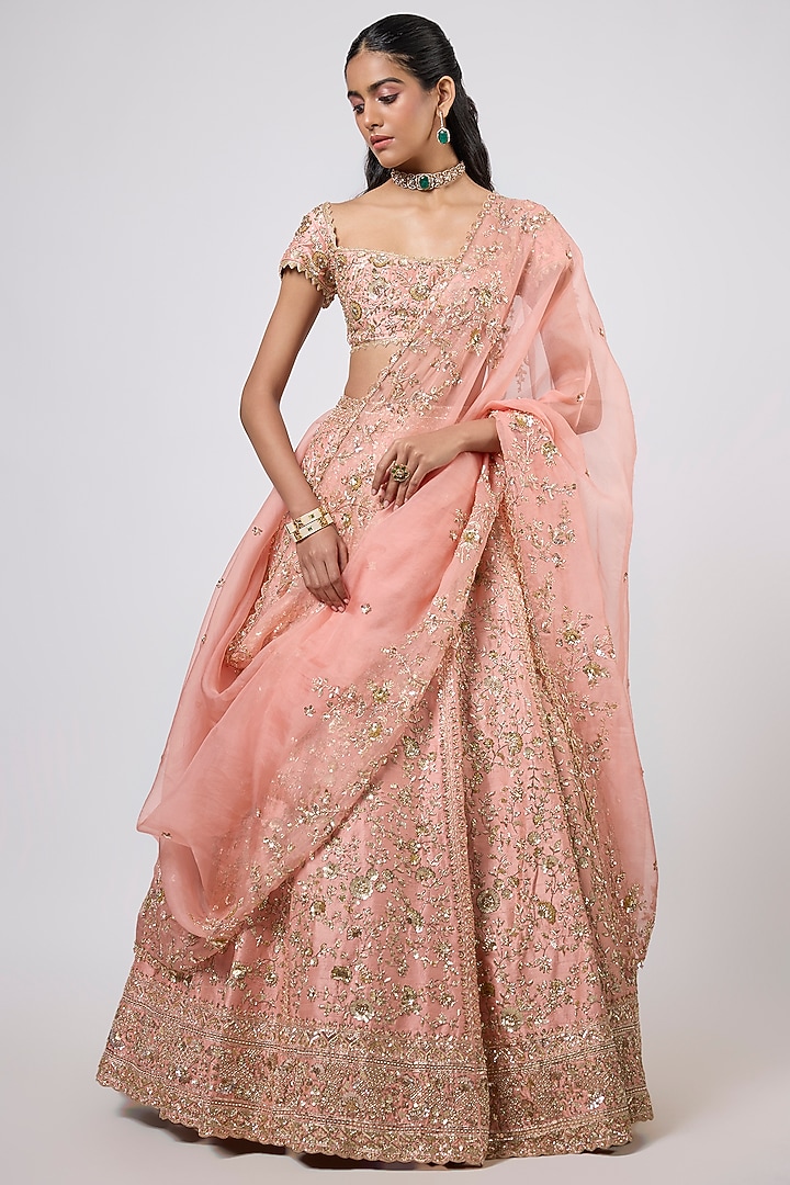 Peach Raw Silk Zardosi Embroidered Bridal Lehenga Set by Shlok Design at Pernia's Pop Up Shop