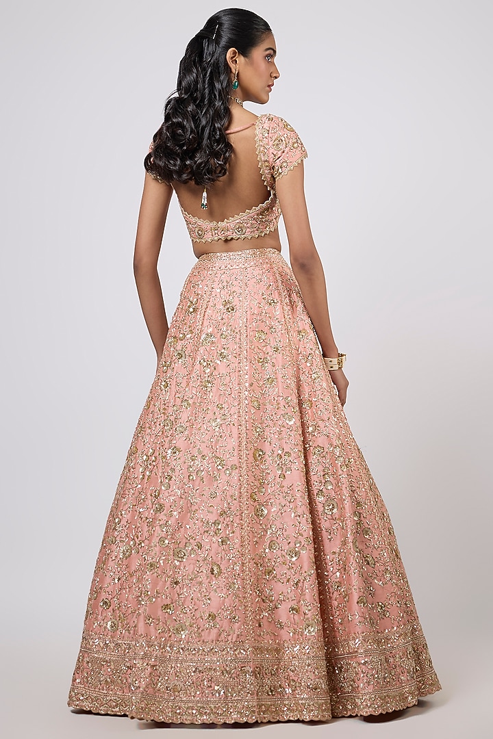 Peach Raw Silk Zardosi Embroidered Bridal Lehenga Set by Shlok Design at Pernia's Pop Up Shop