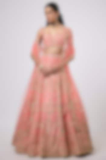 Peach Dupion Zardosi Embroidered Bridal Lehenga Set by Shlok Design at Pernia's Pop Up Shop