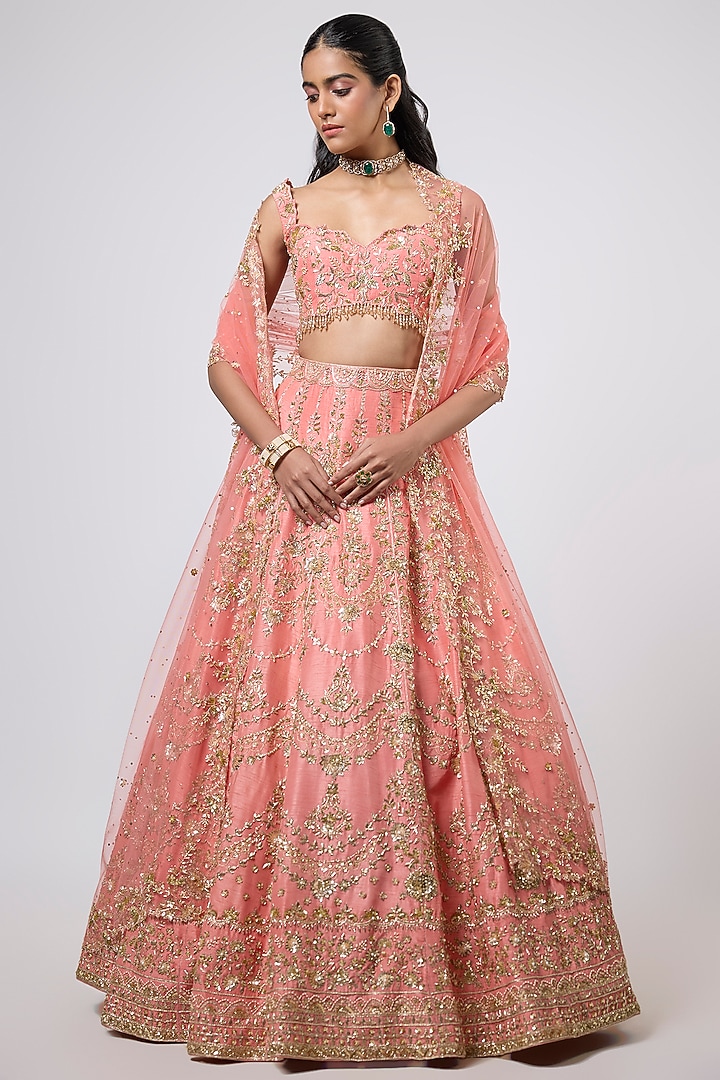 Peach Dupion Zardosi Embroidered Bridal Lehenga Set by Shlok Design at Pernia's Pop Up Shop