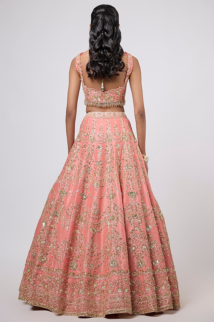 Peach Dupion Zardosi Embroidered Bridal Lehenga Set by Shlok Design at Pernia's Pop Up Shop