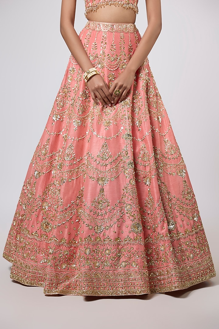Peach Dupion Zardosi Embroidered Bridal Lehenga Set by Shlok Design at Pernia's Pop Up Shop