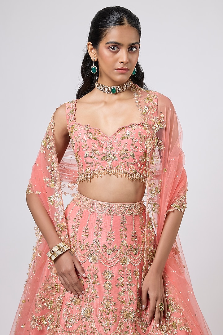 Peach Dupion Zardosi Embroidered Bridal Lehenga Set by Shlok Design at Pernia's Pop Up Shop