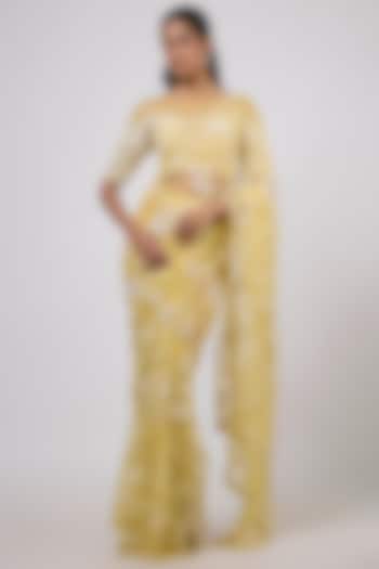 Yellow Net Sequins Embroidered Reception Saree Set by Shlok Design at Pernia's Pop Up Shop