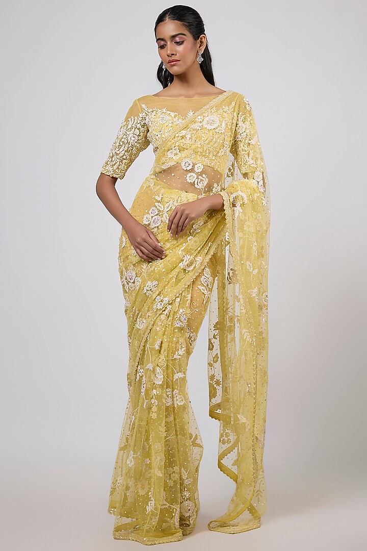 Yellow Net Sequins Embroidered Reception Saree Set by Shlok Design at Pernia's Pop Up Shop