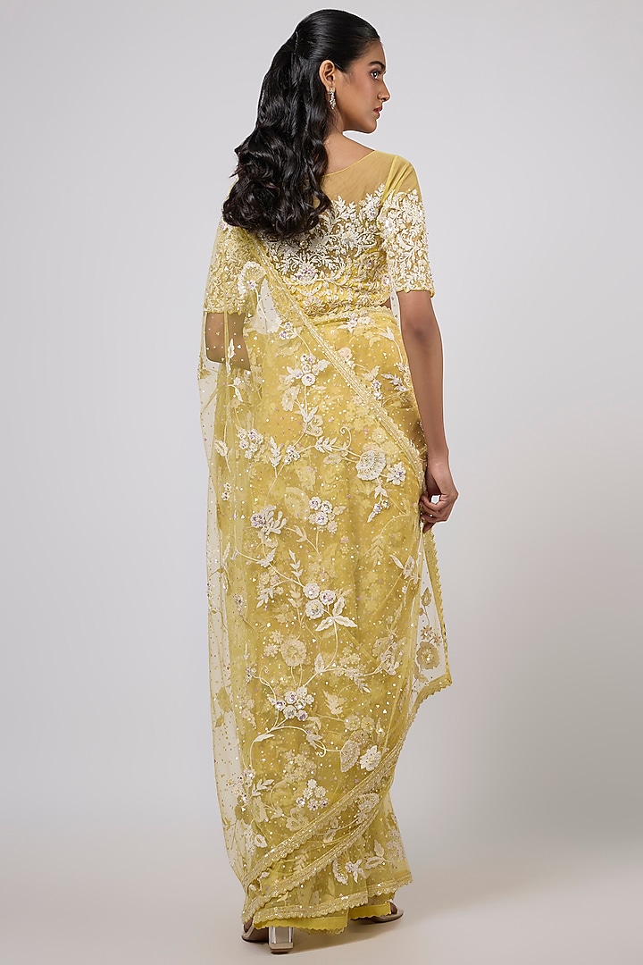 Yellow Net Sequins Embroidered Reception Saree Set by Shlok Design at Pernia's Pop Up Shop