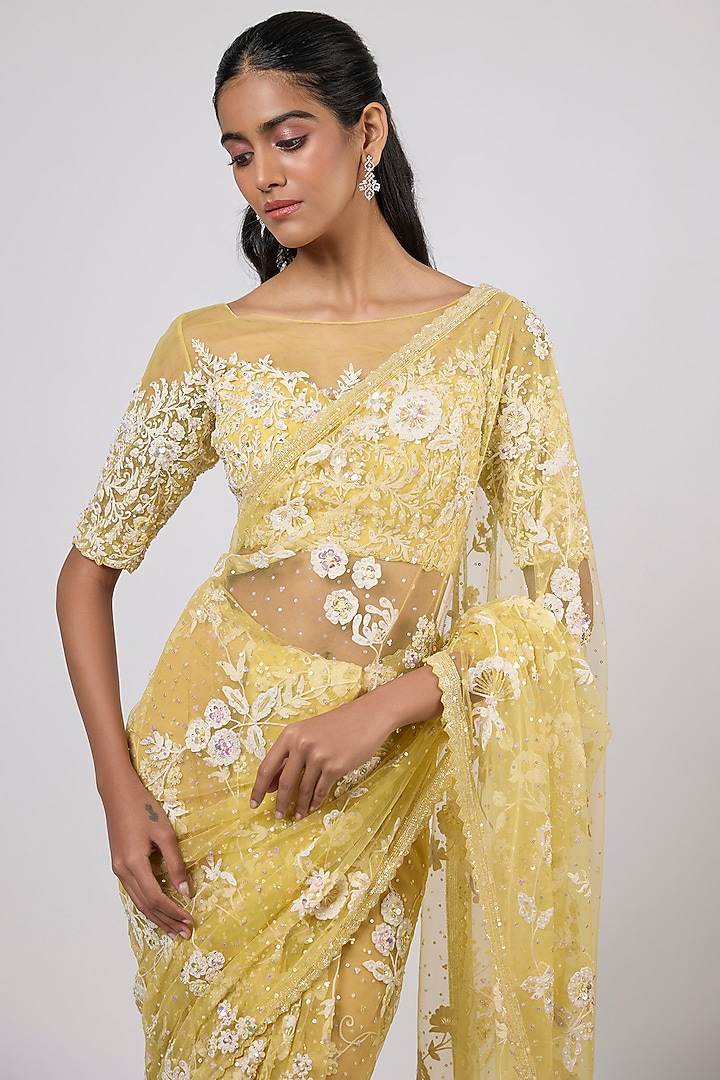 Yellow Net Sequins Embroidered Reception Saree Set by Shlok Design at Pernia's Pop Up Shop