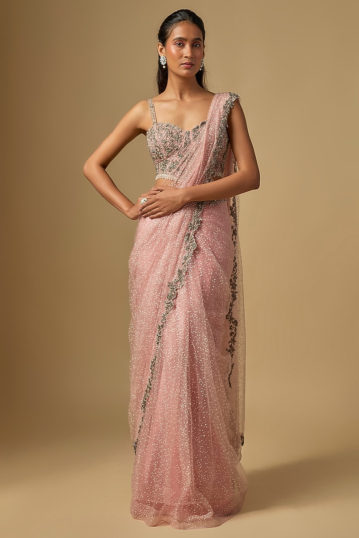 Pink Net Cutdana Embroidered Pre-Stitched Wedding Saree Set by Shlok Design at Pernia's Pop Up Shop