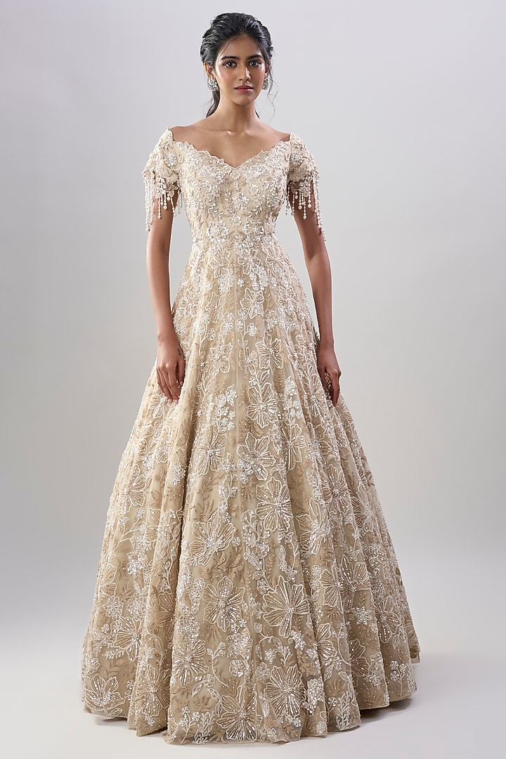 Ivory Net Sequins Embroidered Wedding Gown by Shlok Design at Pernia's Pop Up Shop