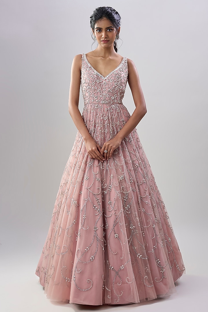 Pink Net Crystal Embroidered Wedding Gown by Shlok Design at Pernia's Pop Up Shop