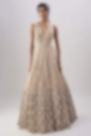 Beige Net Crystal Embroidered Wedding Gown by Shlok Design at Pernia's Pop Up Shop