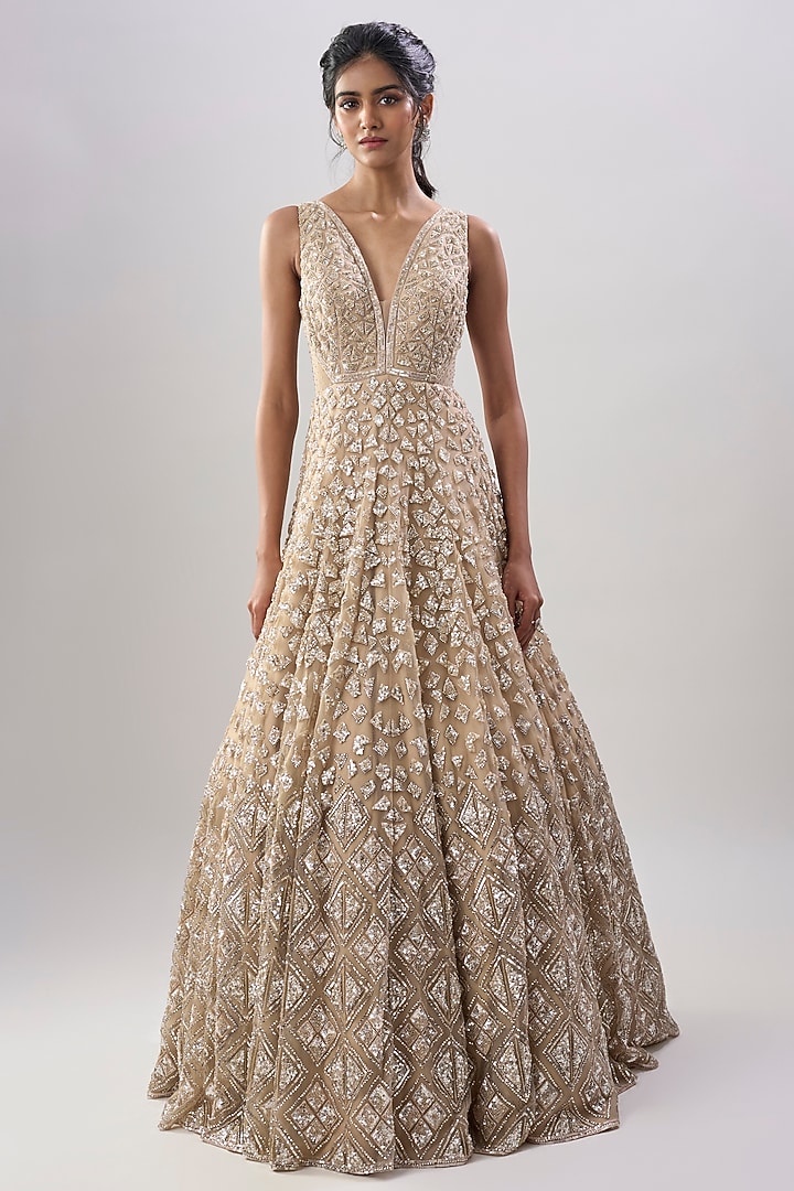 Beige Net Crystal Embroidered Wedding Gown by Shlok Design at Pernia's Pop Up Shop
