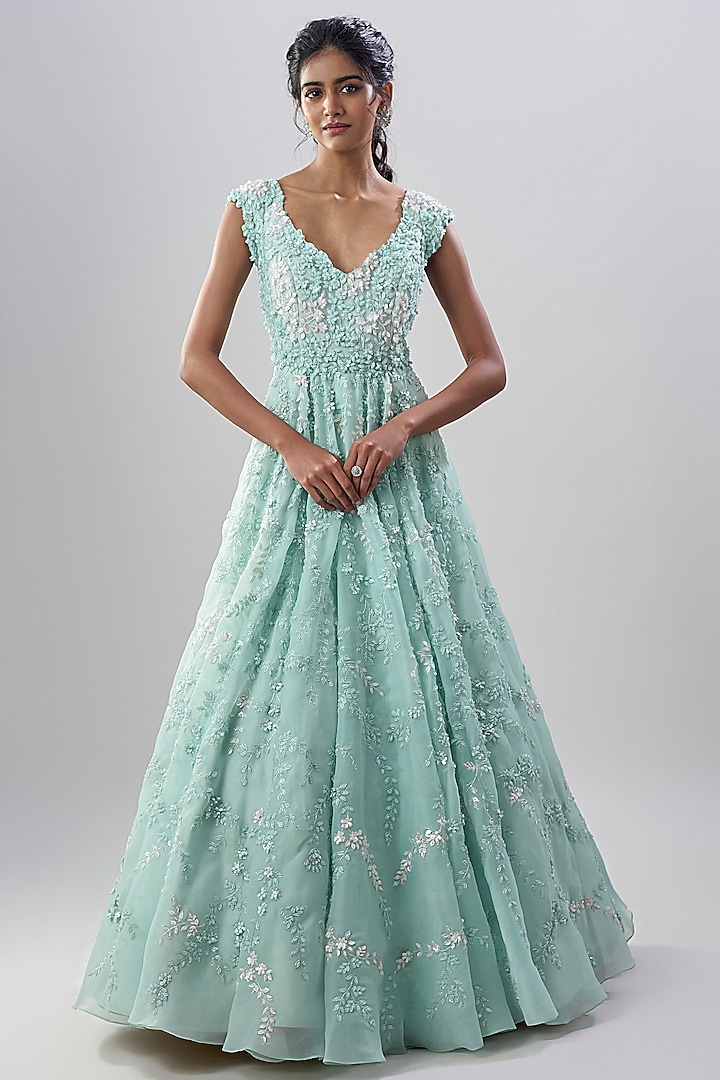 Green Organza Sequins Embroidered Wedding Gown by Shlok Design at Pernia's Pop Up Shop