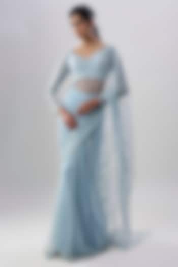 Blue Net Sequins Embroidered Reception Saree Set by Shlok Design at Pernia's Pop Up Shop