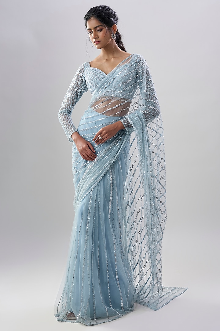 Blue Net Sequins Embroidered Reception Saree Set by Shlok Design at Pernia's Pop Up Shop