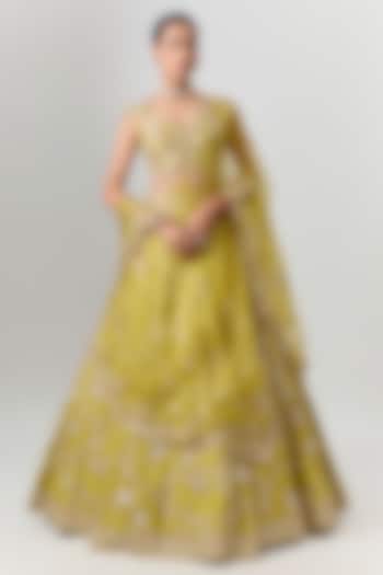 Green Dupion Zardosi Embroidered Bridal Bridal Lehenga Set by Shlok Design at Pernia's Pop Up Shop