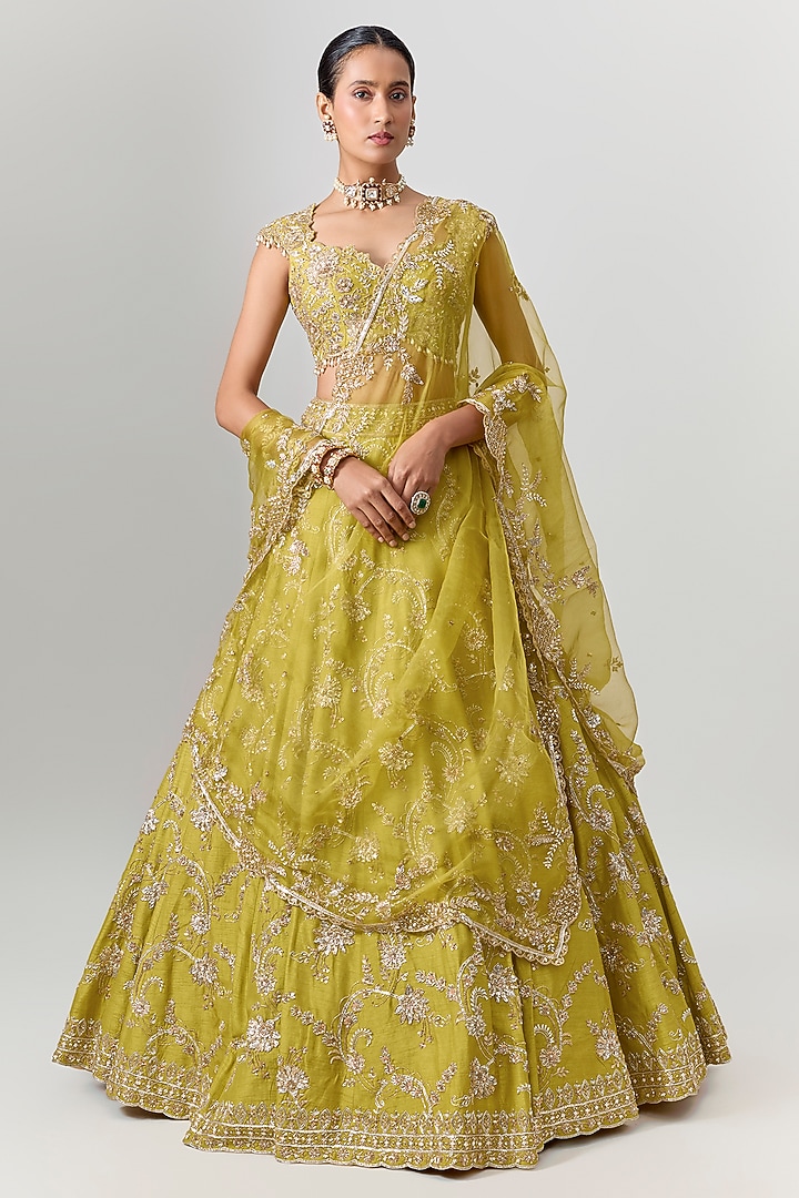 Green Dupion Zardosi Embroidered Bridal Bridal Lehenga Set by Shlok Design at Pernia's Pop Up Shop