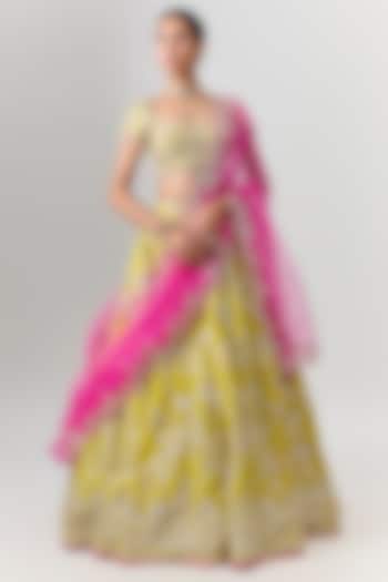 Bright Green Dupion Zardosi Embroidered Bridal Bridal Lehenga Set by Shlok Design at Pernia's Pop Up Shop