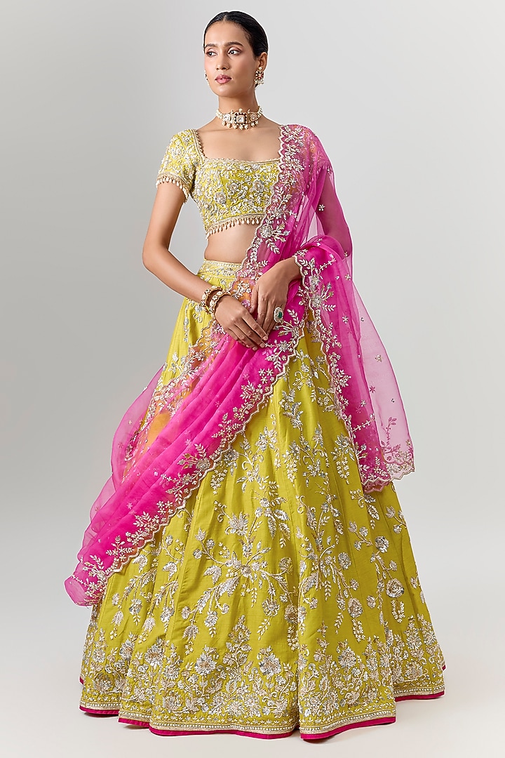 Bright Green Dupion Zardosi Embroidered Bridal Bridal Lehenga Set by Shlok Design at Pernia's Pop Up Shop
