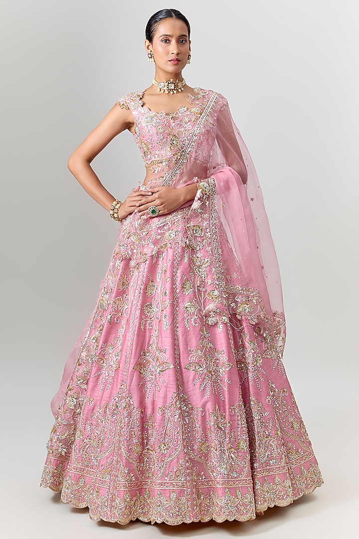 Pink Dupion Zardosi Embroidered Bridal Bridal Lehenga Set by Shlok Design at Pernia's Pop Up Shop