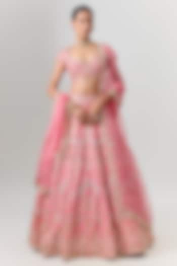 Coral Raw Silk Zardosi Embroidered Bridal Bridal Lehenga Set by Shlok Design at Pernia's Pop Up Shop