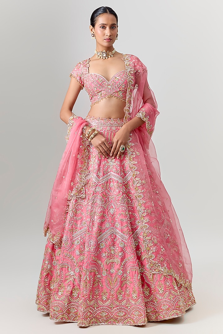 Coral Raw Silk Zardosi Embroidered Bridal Bridal Lehenga Set by Shlok Design at Pernia's Pop Up Shop
