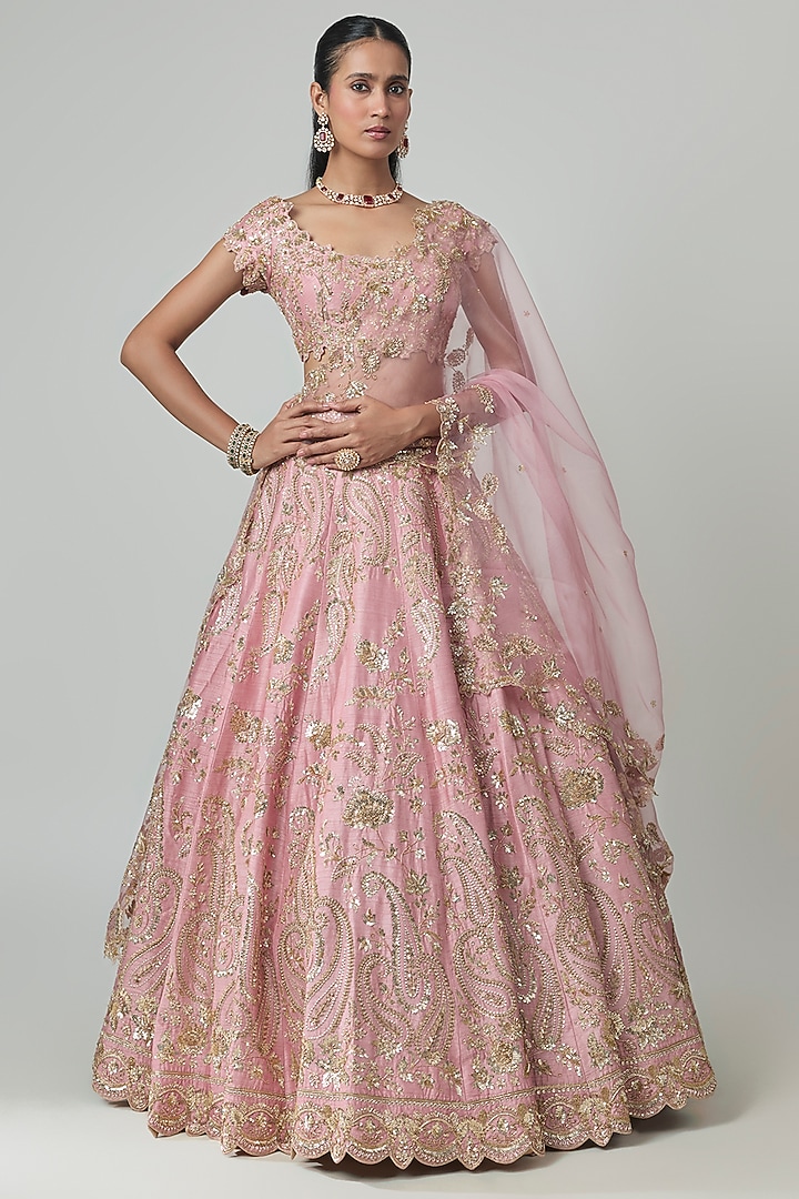 Pink Dupion Zardosi Embroidered Bridal Lehenga Set by Shlok Design at Pernia's Pop Up Shop