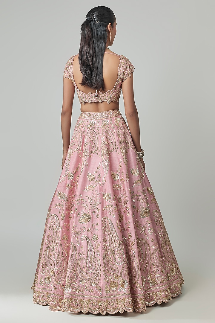 Pink Dupion Zardosi Embroidered Bridal Lehenga Set by Shlok Design at Pernia's Pop Up Shop