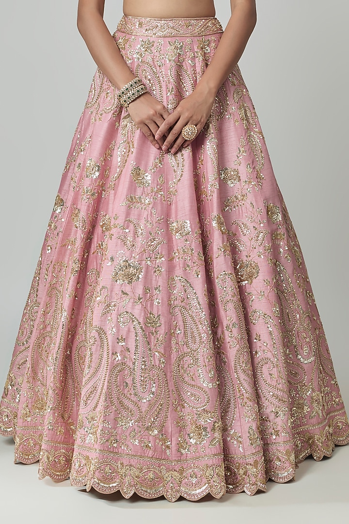 Pink Dupion Zardosi Embroidered Bridal Lehenga Set by Shlok Design at Pernia's Pop Up Shop