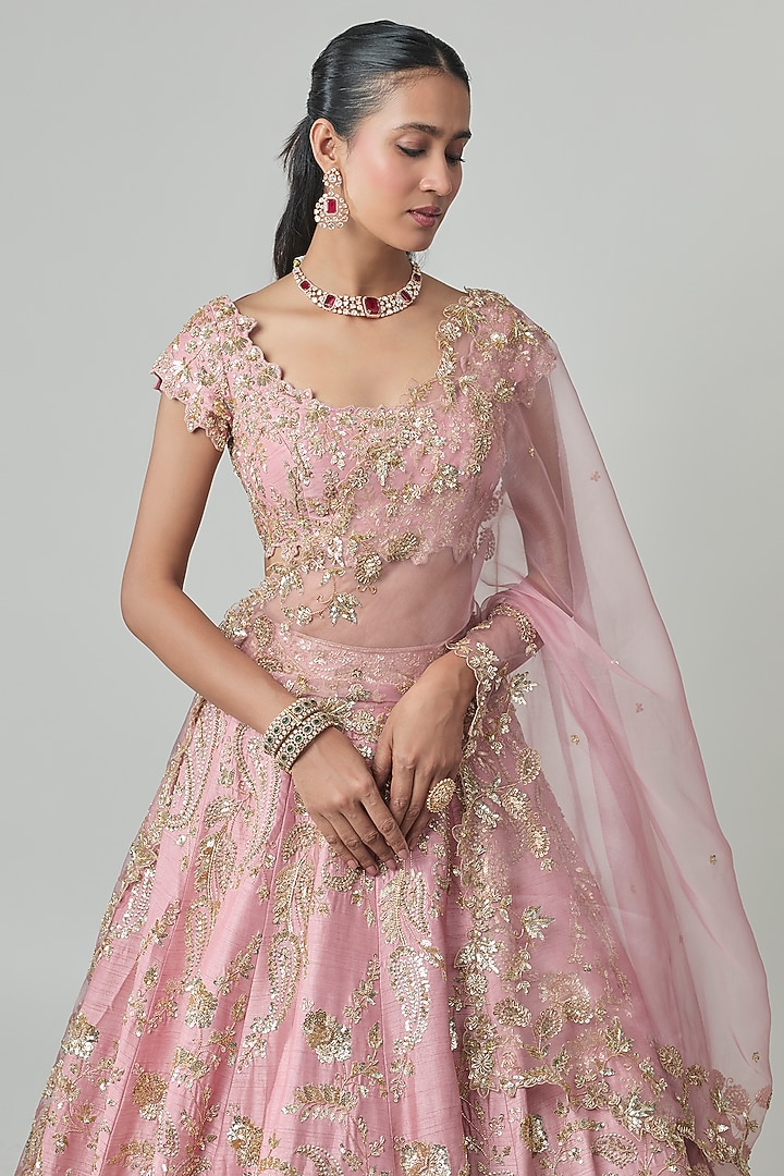 Pink Dupion Zardosi Embroidered Bridal Lehenga Set by Shlok Design at Pernia's Pop Up Shop