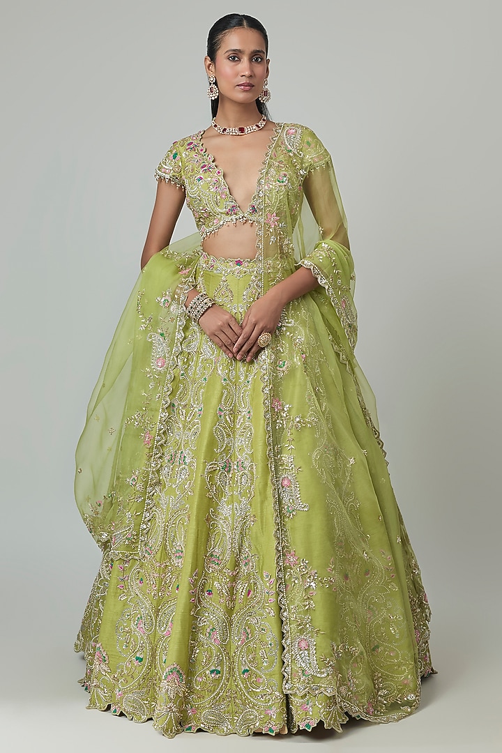 Green Dupion Zardosi Embroidered Bridal Lehenga Set by Shlok Design at Pernia's Pop Up Shop