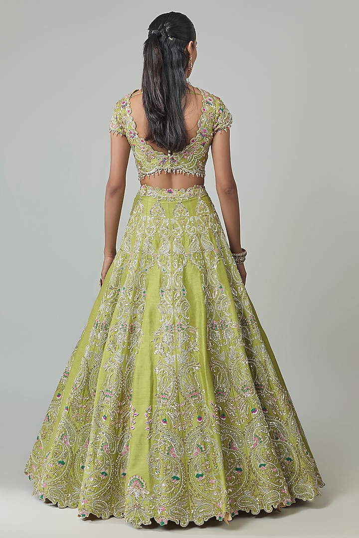 Green Dupion Zardosi Embroidered Bridal Lehenga Set by Shlok Design at Pernia's Pop Up Shop