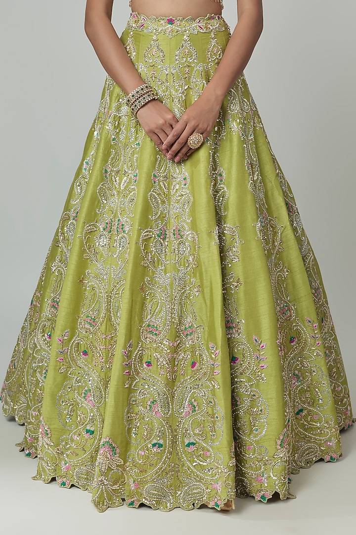 Green Dupion Zardosi Embroidered Bridal Lehenga Set by Shlok Design at Pernia's Pop Up Shop