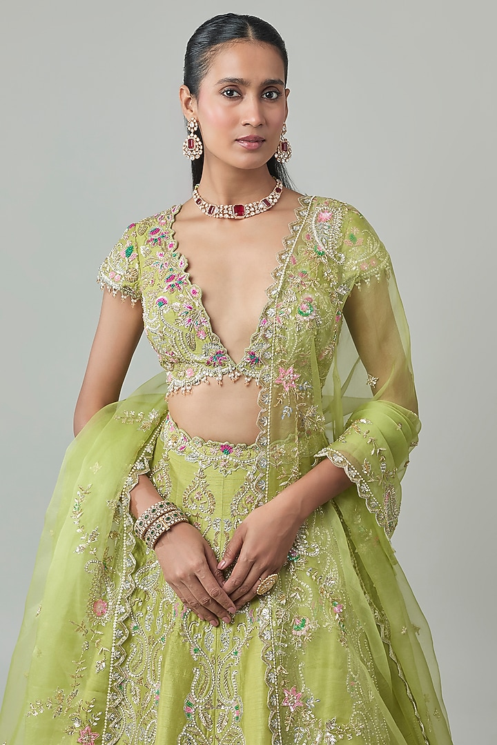 Green Dupion Zardosi Embroidered Bridal Lehenga Set by Shlok Design at Pernia's Pop Up Shop
