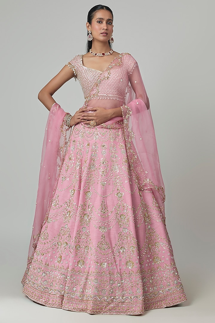 Pink Dupion Zardosi Embroidered Bridal Lehenga Set by Shlok Design at Pernia's Pop Up Shop