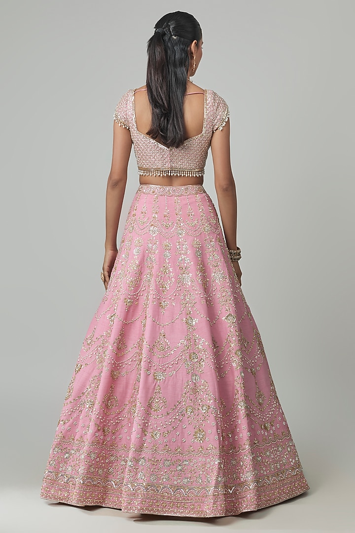 Pink Dupion Zardosi Embroidered Bridal Lehenga Set by Shlok Design at Pernia's Pop Up Shop