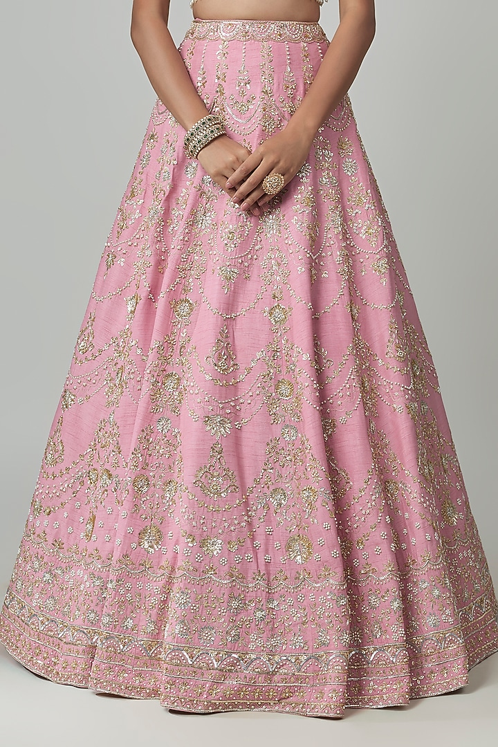 Pink Dupion Zardosi Embroidered Bridal Lehenga Set by Shlok Design at Pernia's Pop Up Shop