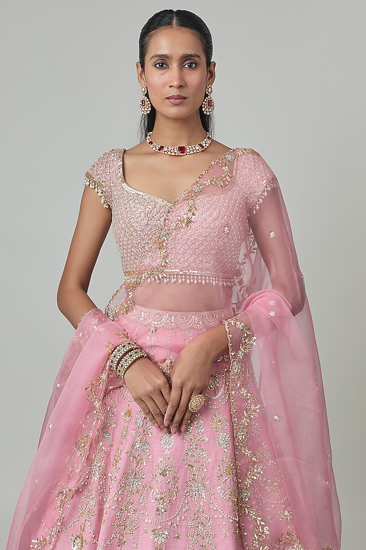 Pink Dupion Zardosi Embroidered Bridal Lehenga Set by Shlok Design at Pernia's Pop Up Shop