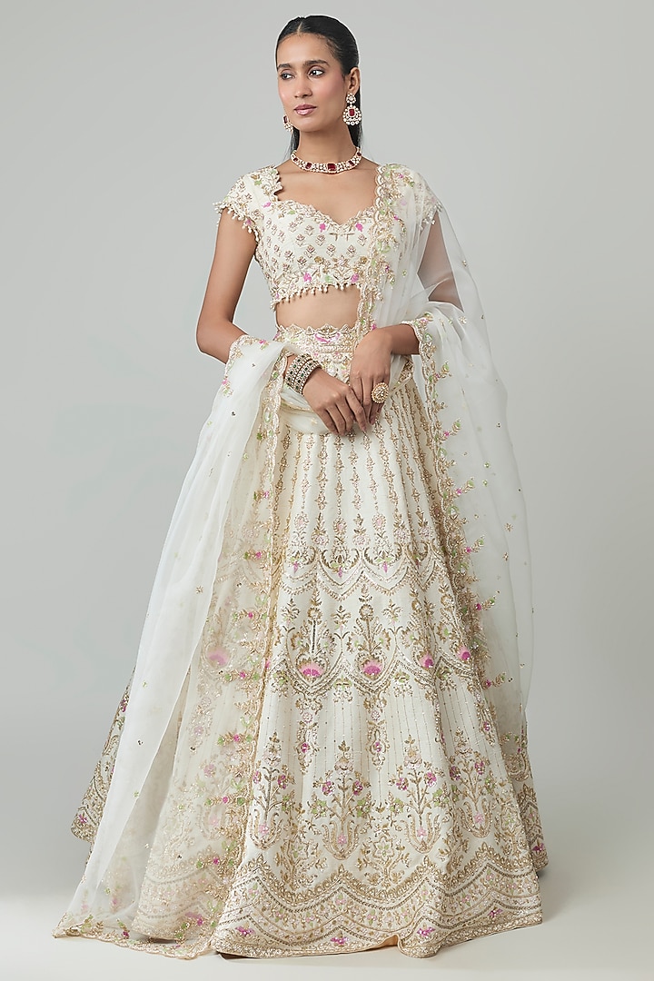 Ivory Raw Silk Zardosi Embroidered Bridal Lehenga Set by Shlok Design at Pernia's Pop Up Shop