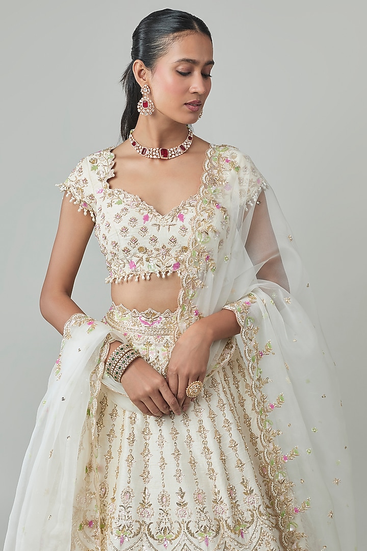 Ivory Raw Silk Zardosi Embroidered Bridal Lehenga Set by Shlok Design at Pernia's Pop Up Shop