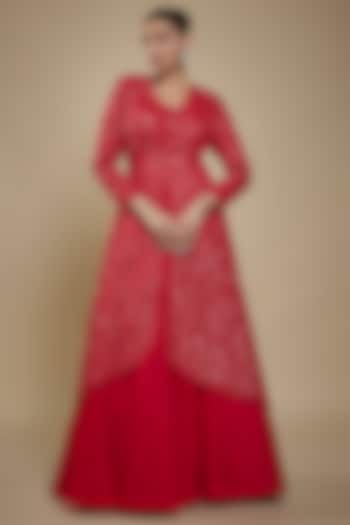 Red Organza Cutwork Embroidered Jacket Wedding Lehenga Set by Shlok Design at Pernia's Pop Up Shop