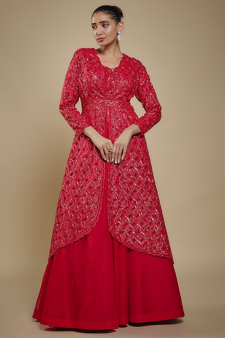 Red Organza Cutwork Embroidered Jacket Wedding Lehenga Set by Shlok Design at Pernia's Pop Up Shop