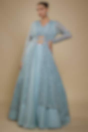 Mint Blue Organza Sequins Hand Embroidered Jacket Wedding Lehenga Set by Shlok Design at Pernia's Pop Up Shop