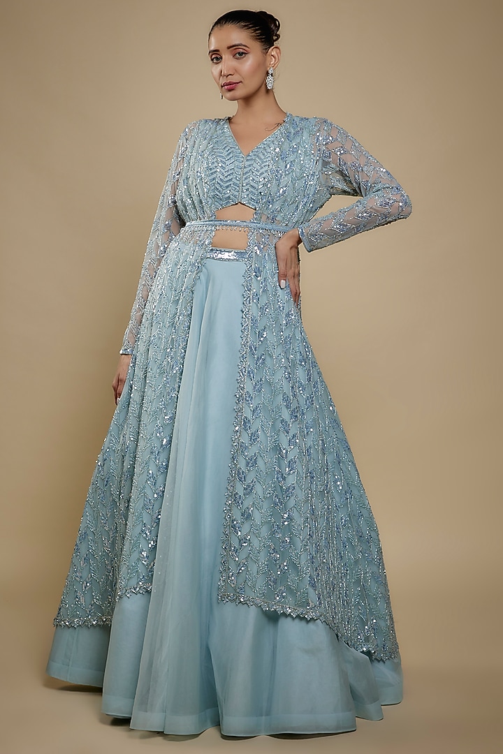 Mint Blue Organza Sequins Hand Embroidered Jacket Wedding Lehenga Set by Shlok Design at Pernia's Pop Up Shop