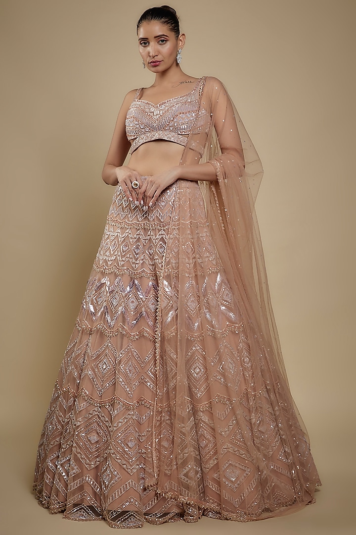 PinkIsh-Beige Net Sequins Embroidered Wedding Lehenga Set by Shlok Design at Pernia's Pop Up Shop
