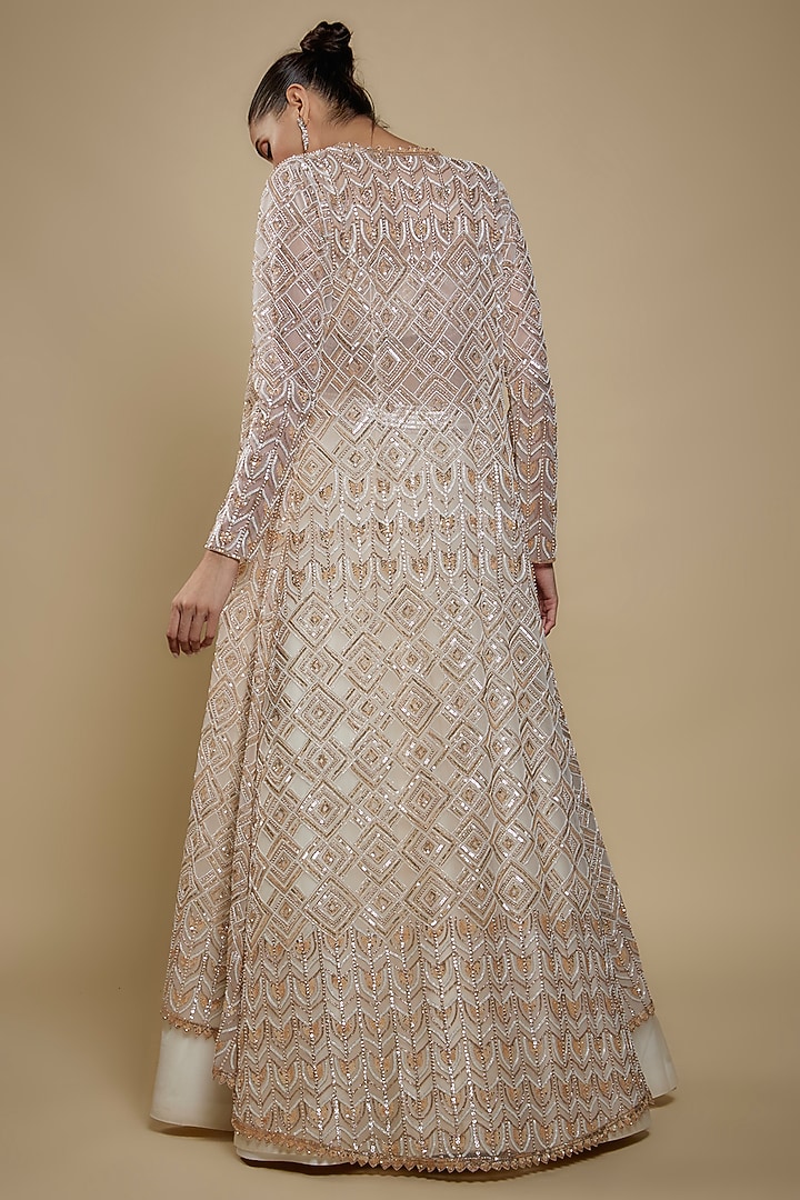 Ivory Net Sequins Embroidered Jacket Wedding Lehenga Set by Shlok Design at Pernia's Pop Up Shop