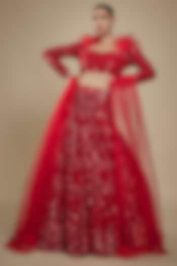 Red Net Sequins Embroidered Bridal Lehenga Set by Shlok Design at Pernia's Pop Up Shop