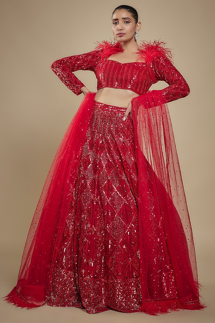 Red Net Sequins Embroidered Bridal Lehenga Set by Shlok Design at Pernia's Pop Up Shop
