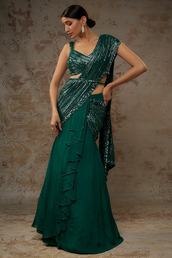 Green Chiffon Sequins Embroidered Hand Textured Draped Saree Set by Shlok Design at Pernia's Pop Up Shop